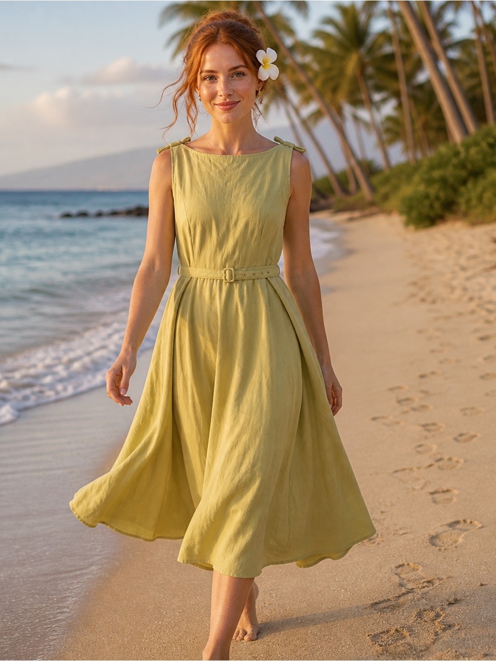 Sleeveless Belted Midi Dress in Light Olive Green
# 184